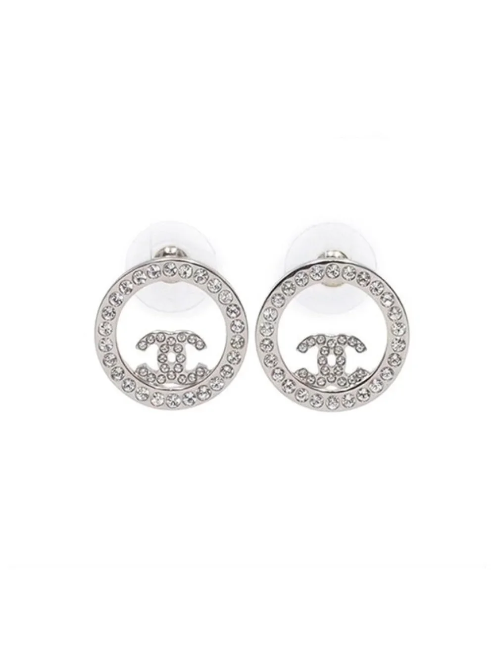 Chanel Earrings Silver Metal Rhinestone CC Logo